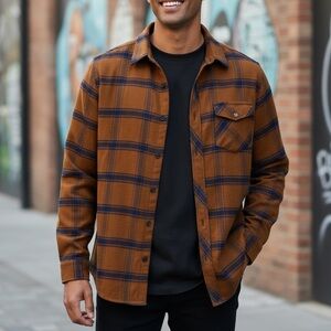 NWT Flannel Cognac Brown Blue Plaid Button  Down w/ Pocket Smash Mens Small